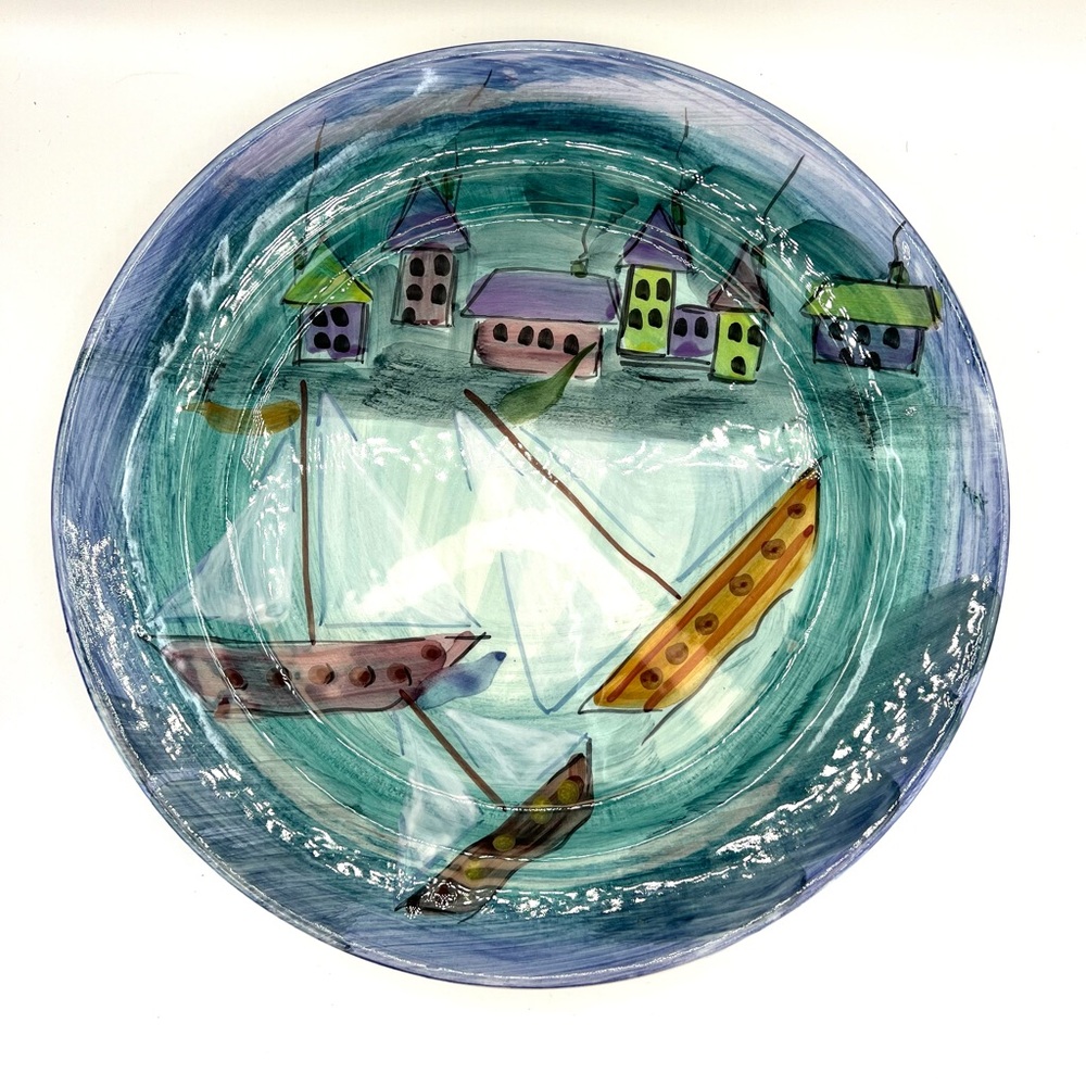 Made In Italy House & Sailboat Platter 13.5” Blue Green Multicolor Serving Plate
